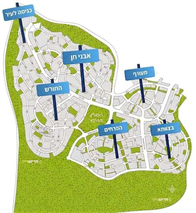 מפת שכונות חריש — שכונת אבני חן ליד הכניסה לעיר